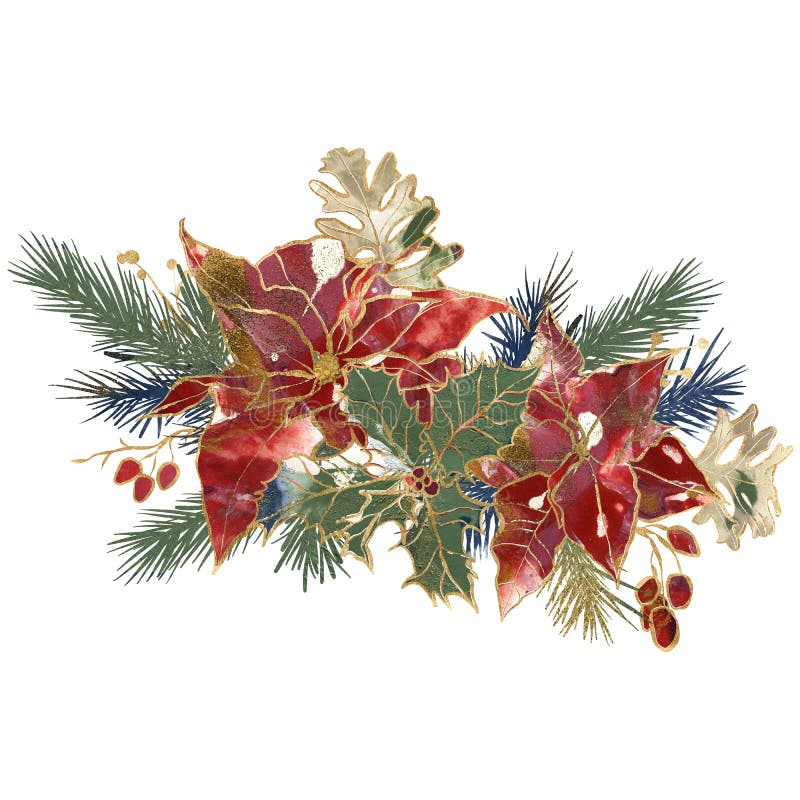 Watercolor Christmas bouquet of gold contour poinsettia,berries and fir branches. Hand painted holiday card of flowers isolated on white background. Illustration for design, print or background