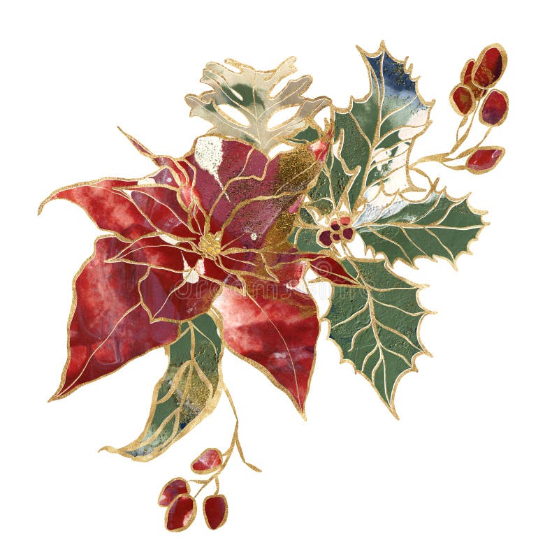 Watercolor Christmas bouquet of gold contour poinsettia, branches and berries. Hand painted holiday card of flowers isolated on white background. Illustration for design, print or background