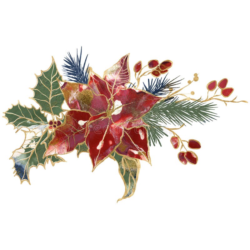 Watercolor Christmas bouquet of gold contour poinsettia, fir branches and berries. Hand painted holiday card of flowers isolated on white background. Illustration for design, print or background