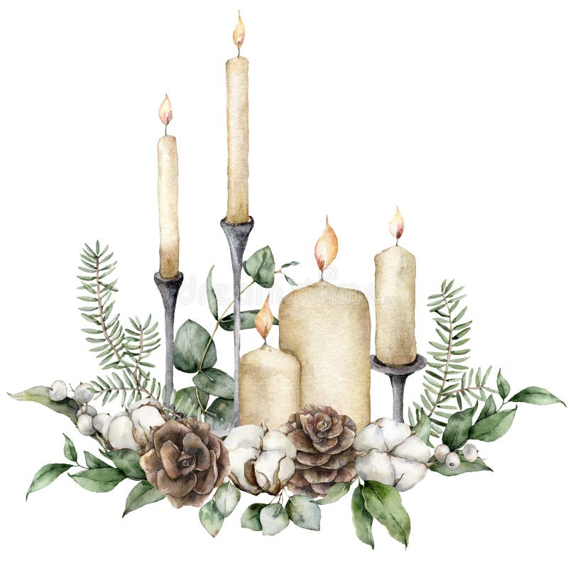 Watercolor Christmas card with candles, cotton and fir branches. Hand painted holiday composition with flowers and leaves isolated on white background. Illustration for design, print or background