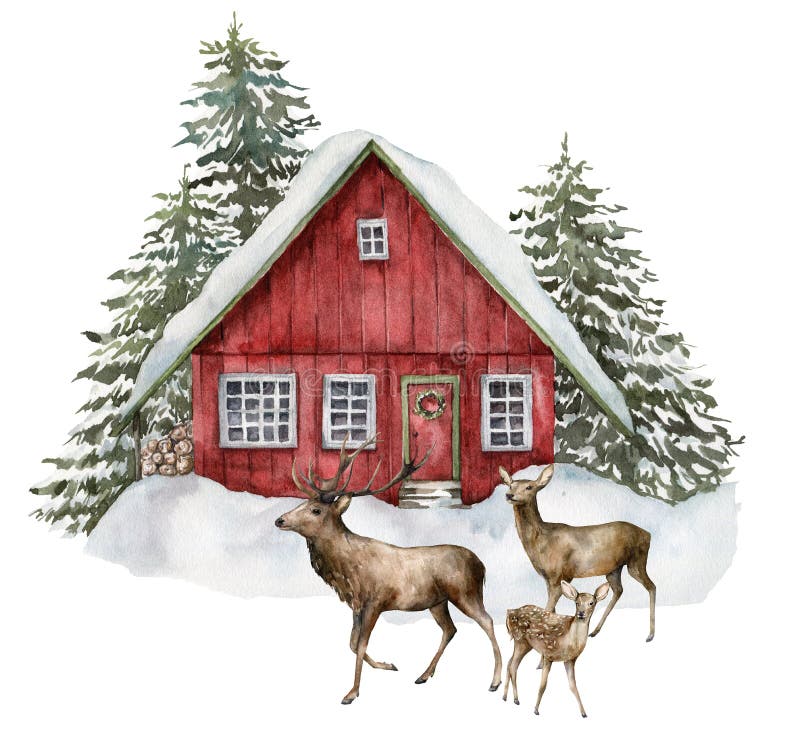 Watercolor Christmas card with red house and deers in winter forest. Hand painted illustration with fir trees and snow
