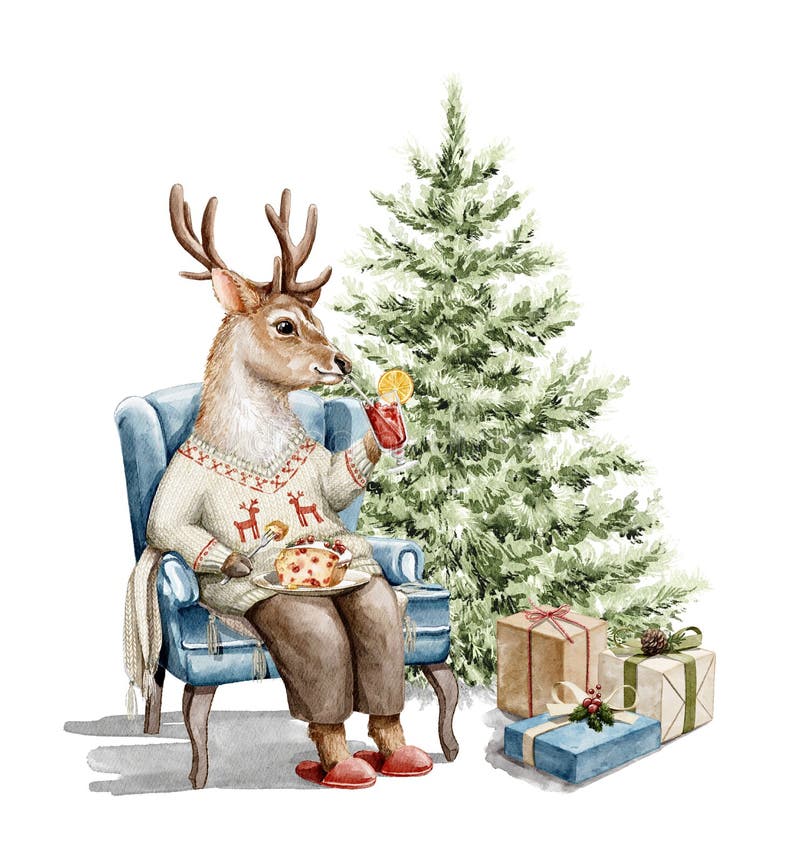 Watercolor Christmas cartoon deer in clothes eat and drink in armchair near the tree