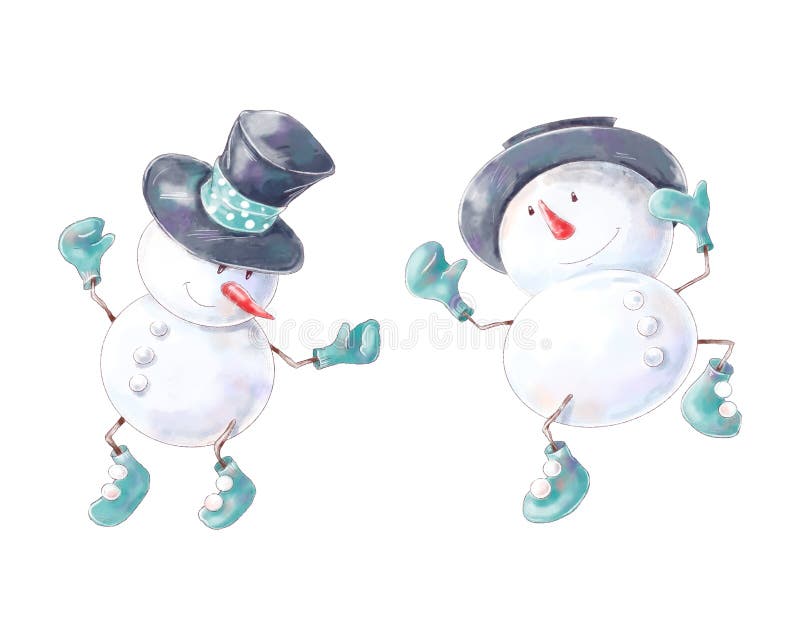 Watercolor Christmas character snowmen. Holiday decor elements for the New Year