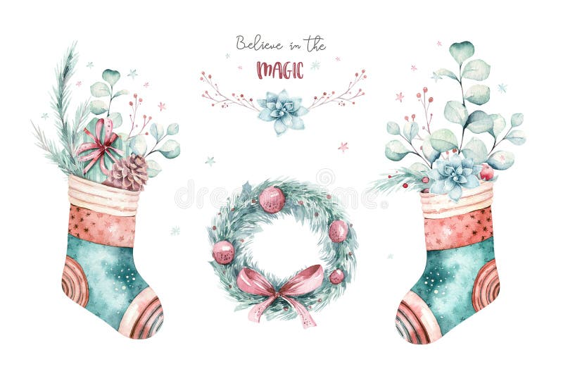 Watercolor christmas clipart. It`s perfect for cards, posters, stickers, cover. Watercolor christmas clipart. It`s perfect for cards, posters, stickers, cover.