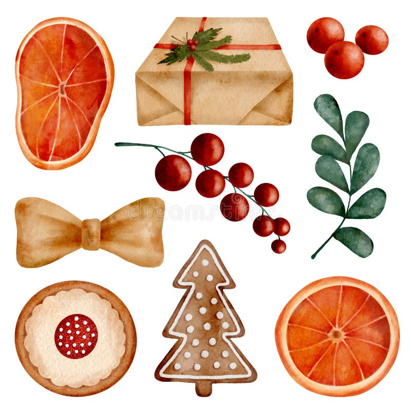Watercolor Christmas clipart set. Hand drawn ginger cookie, gift box wrapped in craft paper, dried orange slice, red berries, ribbon bow isolated on white background. Winter holidays decor