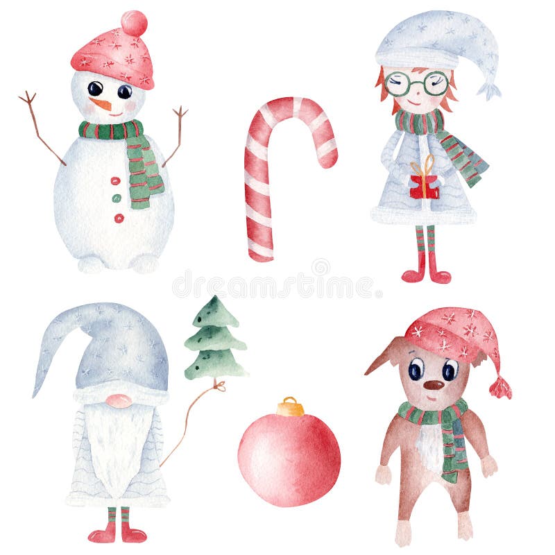 Watercolor Christmas clipart set isolated on white background. Hand painted snowman, gnome, xmas girl and dog. Red ball tree and candy cane. Printable winter holidays decoration. Watercolor Christmas clipart set isolated on white background. Hand painted snowman, gnome, xmas girl and dog. Red ball tree and candy cane. Printable winter holidays decoration.