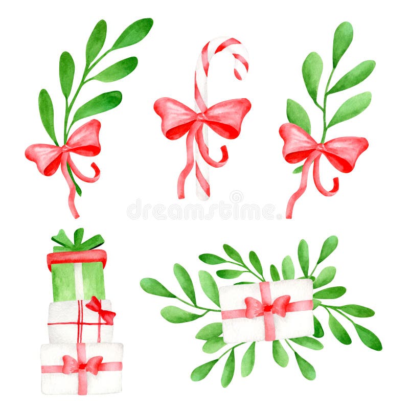 Watercolor Christmas clipart set with mistletoe leaves, candy cane, gift boxes and ribbon bow. Hand painted elements isolated on white for xmas and New year design, cards, stickers, print