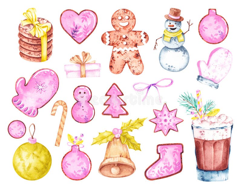 Watercolor Christmas clipart with straight lines and a snowman for decorating festive products