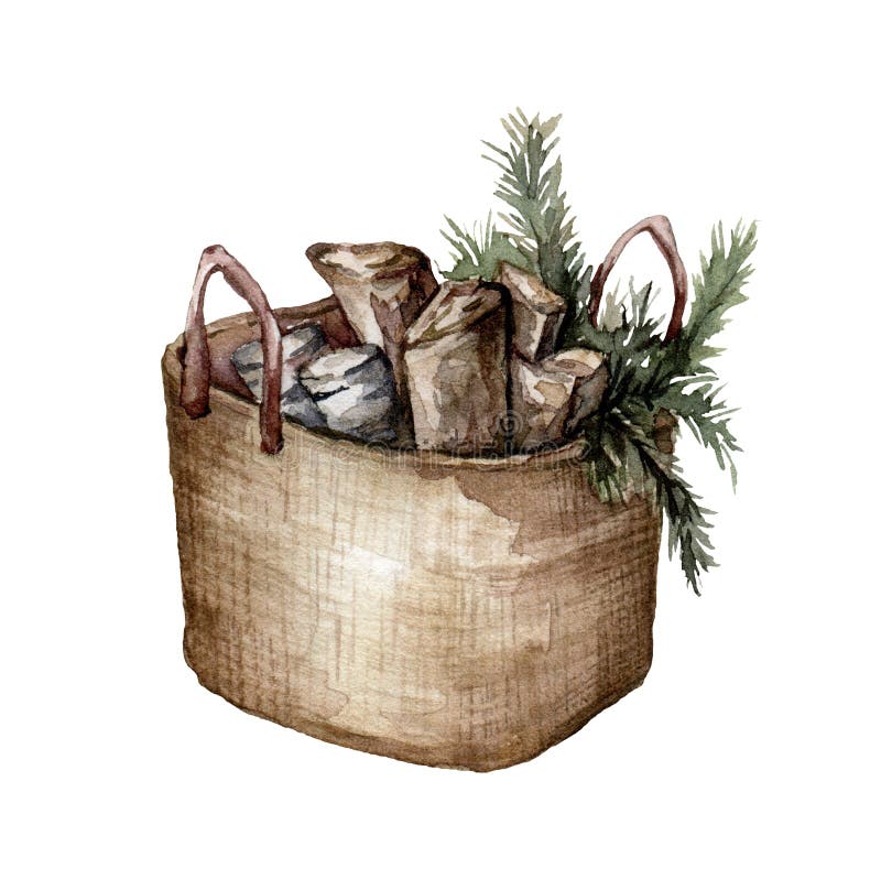 Watercolor Christmas composition with basket, fir branches and firewood. Hand painted winter card isolated on white
