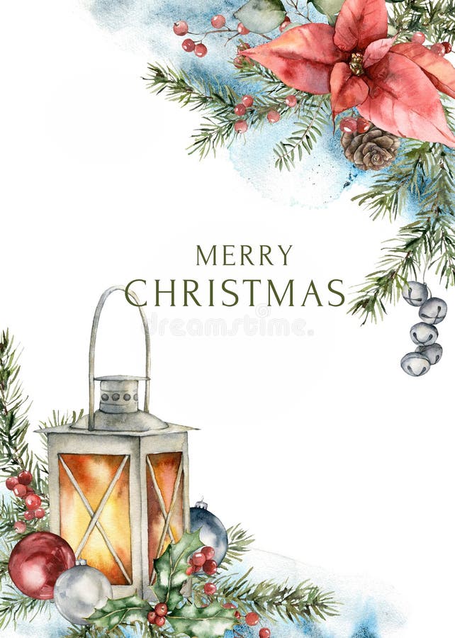 Watercolor Christmas frame of lantern, poinsettia, Christmas tree toys and fir branches. Hand painted holiday card of plants isolated on white background. Illustration for design, print or background