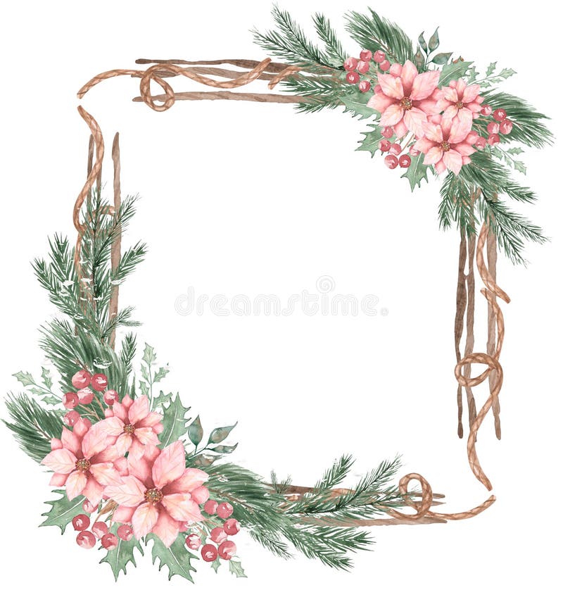 Watercolor Christmas frame with Poinsettia flowers, floralls with border branch decoration clipart, Winter wreath illustration