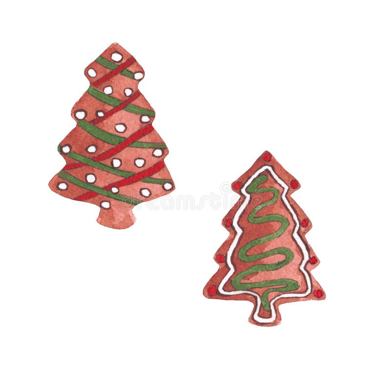 Watercolor Christmas gingerbread 
 iced cookies illustration. Gingerbread pine tree. Brown iced cookies. Watercolor Christmas gingerbread 
 iced cookies illustration. Gingerbread pine tree. Brown iced cookies.