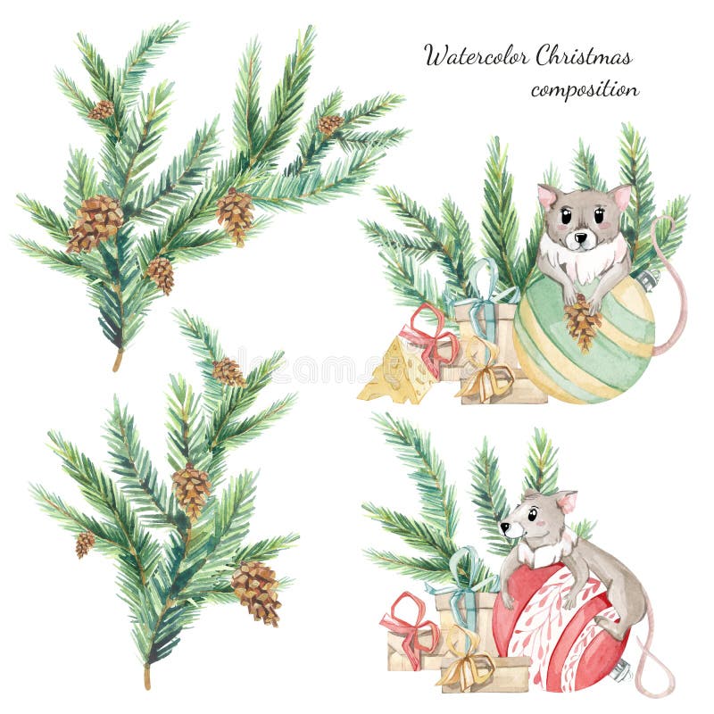 Watercolor Christmas green fiir branches composition and cute mouse. Design happy New Year illustration for greeting cards, banner vector illustration Watercolor Christmas green fiir branches composition and cute mouse. Design happy New Year illustration for greeting cards, banner vector illustration