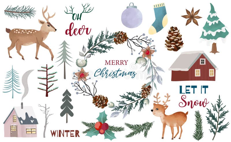 Watercolor Christmas object collection with pine cone,house,reindeer,tree.Vector illustration for icon,logo,sticker,printable stock illustration Watercolor Christmas object collection with pine cone,house,reindeer,tree.Vector illustration for icon,logo,sticker,printable stock illustration