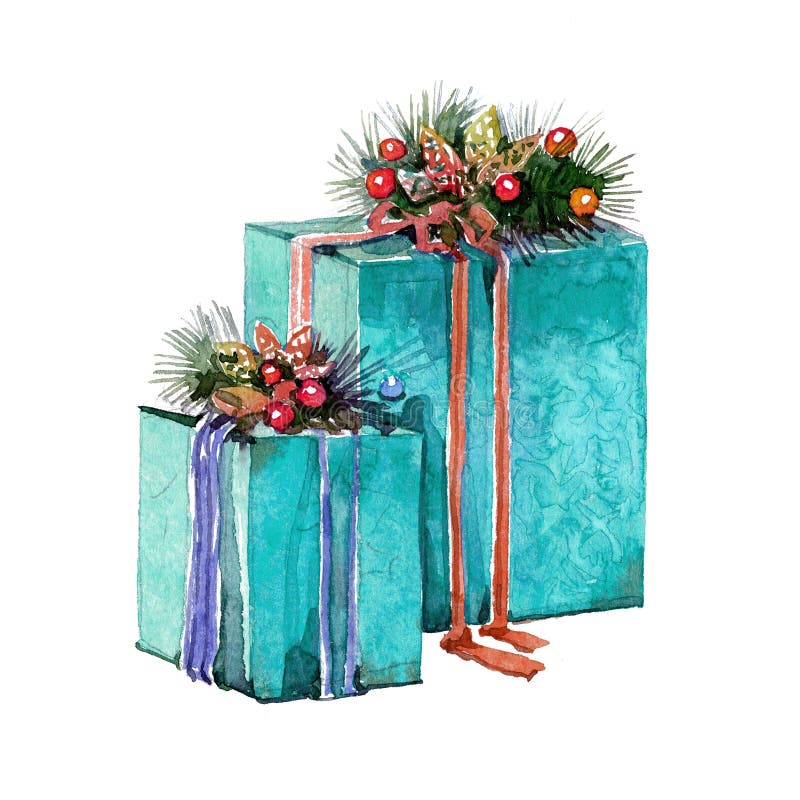 Watercolor Christmas presents in boxes vector illustration