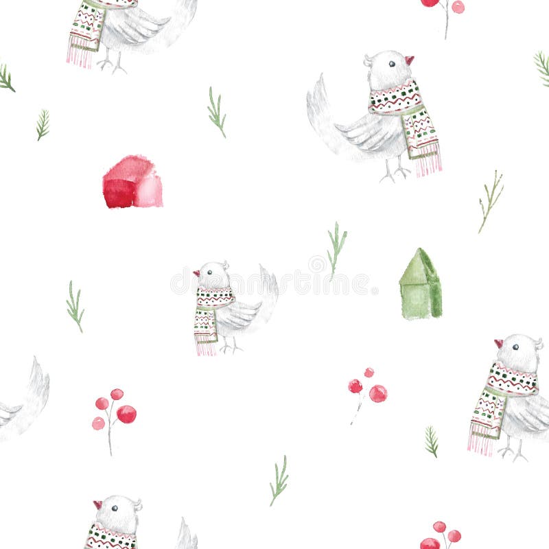 Watercolor christmas seamless pattern with houses and rustic birds in scandinavian style. Cartoon illustration stock illustration Watercolor christmas seamless pattern with houses and rustic birds in scandinavian style. Cartoon illustration stock illustration