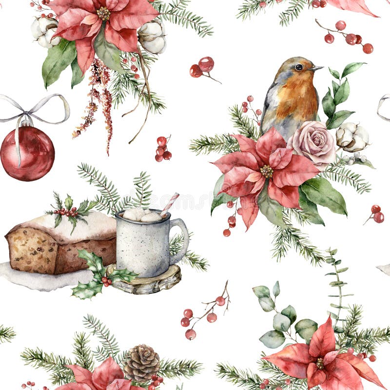 Watercolor Christmas seamless pattern with robin, poinsettia, roses, cake, cup and fir branches. Hand painted holiday illustration isolated on white background. For design, print, background