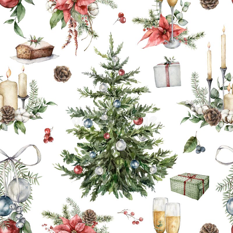 Watercolor Christmas seamless pattern with Christmas tree, gift boxes, candles and poinsettia. Hand painted holiday objects isolated on white background. Illustration for design, print or background