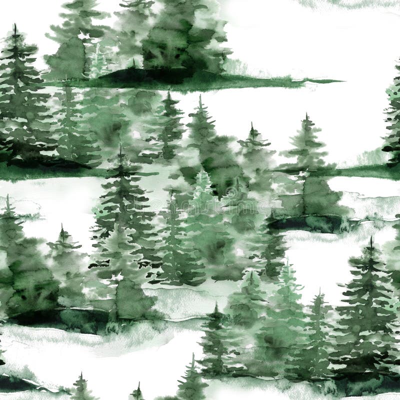 Watercolor Christmas seamless pattern with winter green forest. Hand painted fir trees and snow illustration isolated on