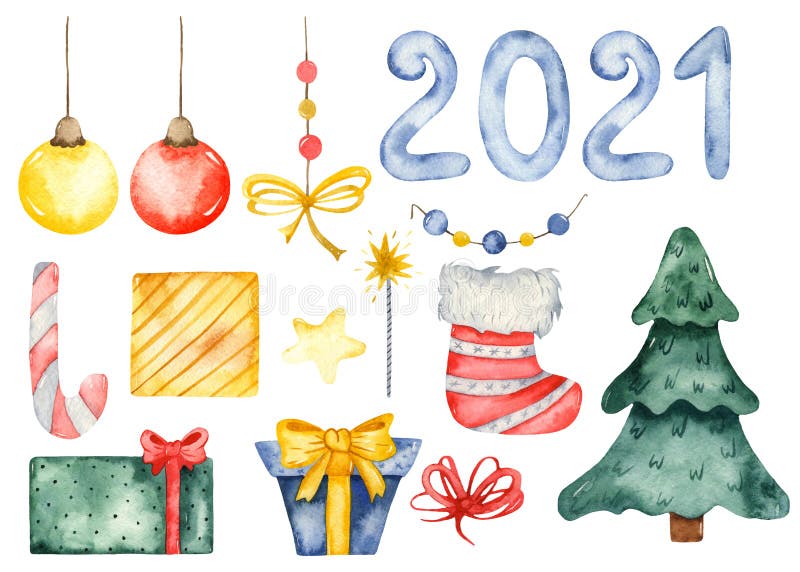 Christmas tree, Christmas toys, gifts, decorations. Watercolor Christmas set 2021. Christmas tree, Christmas toys, gifts, decorations. Watercolor Christmas set 2021