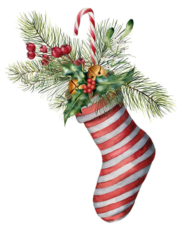 Watercolor Christmas Sock with Decor. Hand Painted Striped Sock with ...