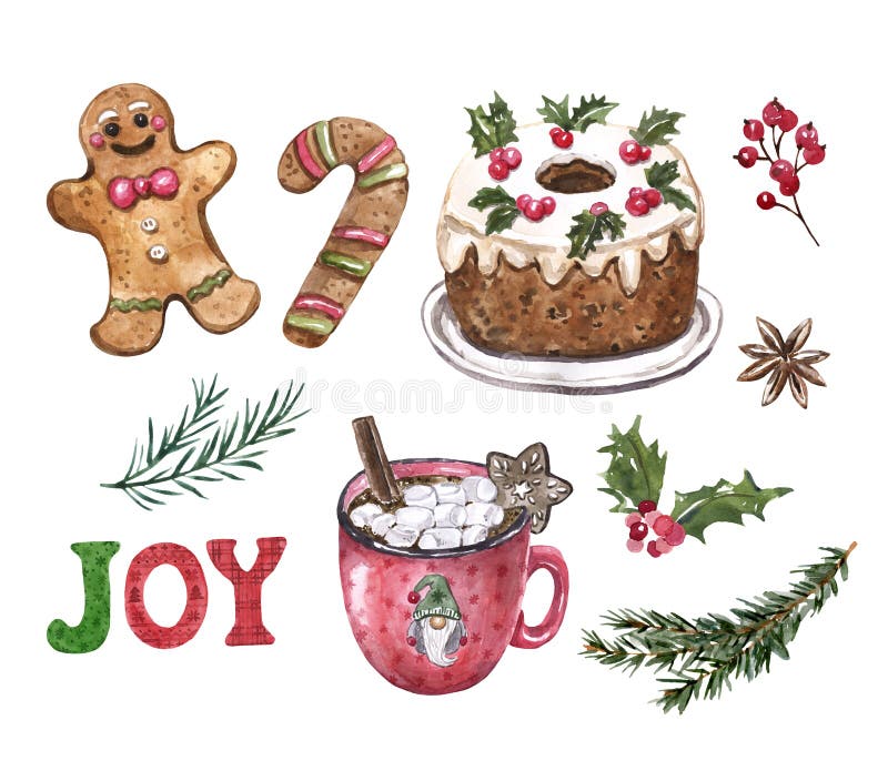 Watercolor Christmas sweets and desserts clip art set. hand painted illustrations. Gingerbread cookies, cake, hot cocoa mug