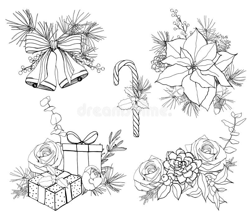 Watercolor Christmas symbols linear set. Hand painted poinsettia, roses, gift boxes and bells isolated on white background. Holiday line art illustration for design, print, fabric or background