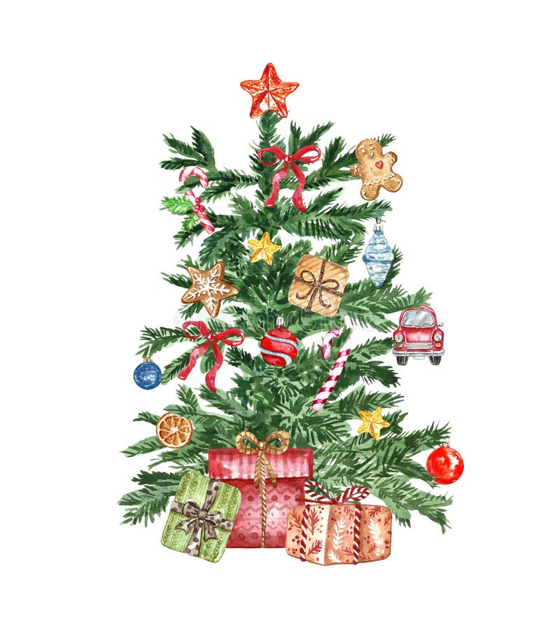 Watercolor Christmas tree illustration. Holiday fir tree with ornaments and decorations, isolated on white background stock photo Watercolor Christmas tree illustration. Holiday fir tree with ornaments and decorations, isolated on white background stock photo