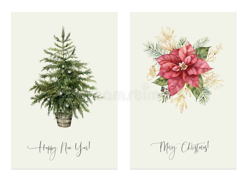 Watercolor Christmas two cards with holiday phrase. Hand painted fir tree with toys and golden poinsettia flower isolated on white background. New year line art illustration for design or print