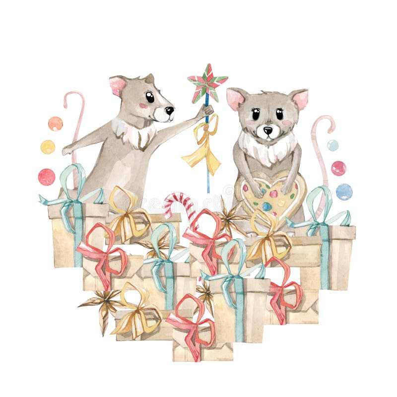 Watercolor of Christmas woodland cute mouse animal character. Illustration of a greeting card, postcard, print t shirt royalty free illustration Watercolor of Christmas woodland cute mouse animal character. Illustration of a greeting card, postcard, print t shirt royalty free illustration