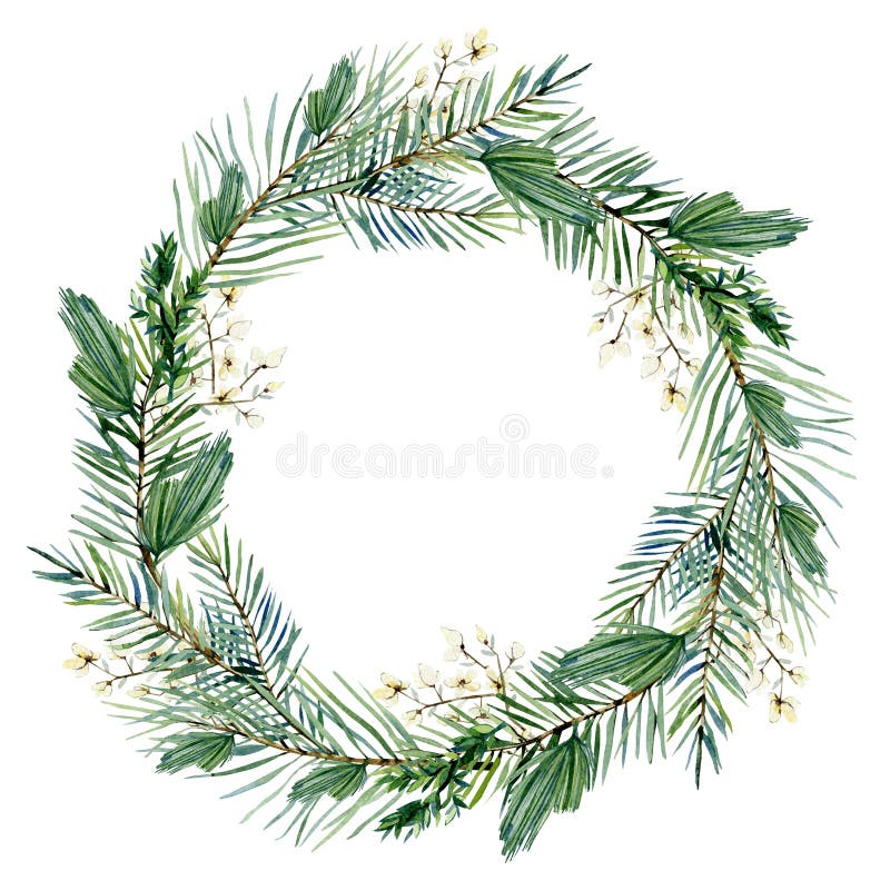 Watercolor Christmas wreah with fir branch, twigs spruce, wild flowers, green leaves. Winter greenery frame royalty free illustration Watercolor Christmas wreah with fir branch, twigs spruce, wild flowers, green leaves. Winter greenery frame royalty free illustration