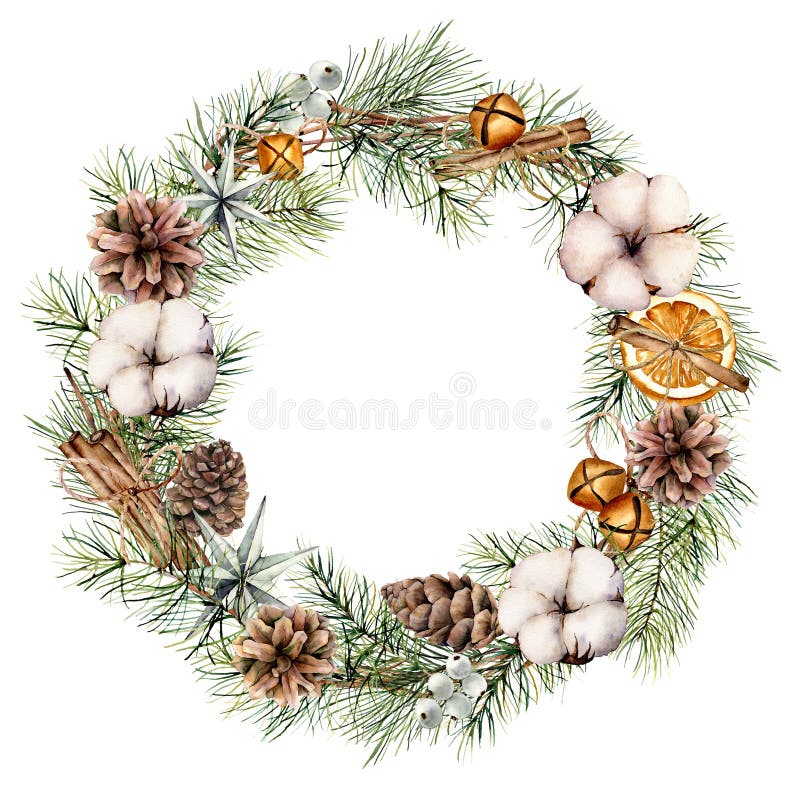 Watercolor Christmas wreath with winter decor. Hand painted fir border with cones, cotton, orange slices, bells, cinnamon sticks isolated on white background. Floral print for design, print.