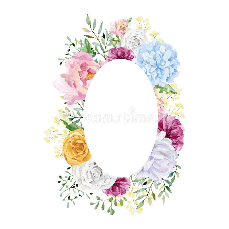 Watercolor circle floral frame wedding illustration. Hand drawn yellow rose purple iris, violet wildflowers green leaves branches stock illustration Watercolor circle floral frame wedding illustration. Hand drawn yellow rose purple iris, violet wildflowers green leaves branches stock illustration