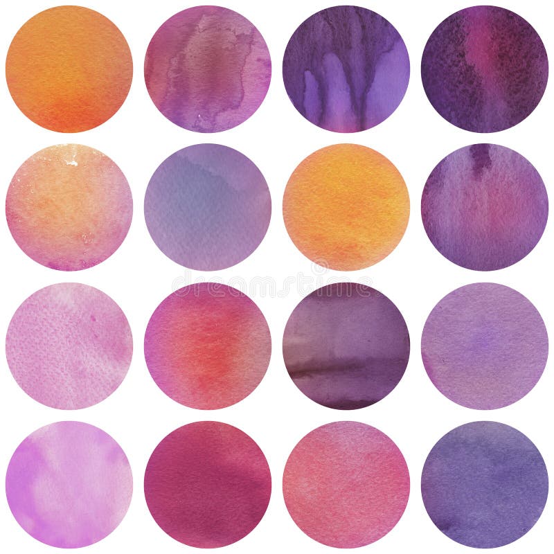 Watercolor circles collection in purple, orange and lilac colors. Watercolor stains set isolated on white background. Bright tints palette. Seamless retro geometric pattern. Watercolor circles collection in purple, orange and lilac colors. Watercolor stains set isolated on white background. Bright tints palette. Seamless retro geometric pattern.