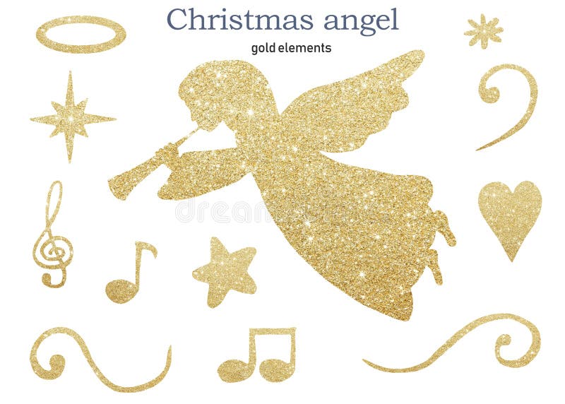 Watercolor clipart Christmas angel shine gold and golden elements Happy holiday symbol, stars, notes, heart, halo royalty free illustration