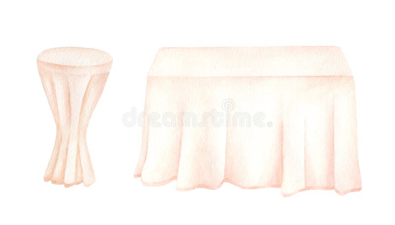 Watercolor clothed tables illustration. Hand drawn simple wedding table for newlyweds and ceremony altar table with