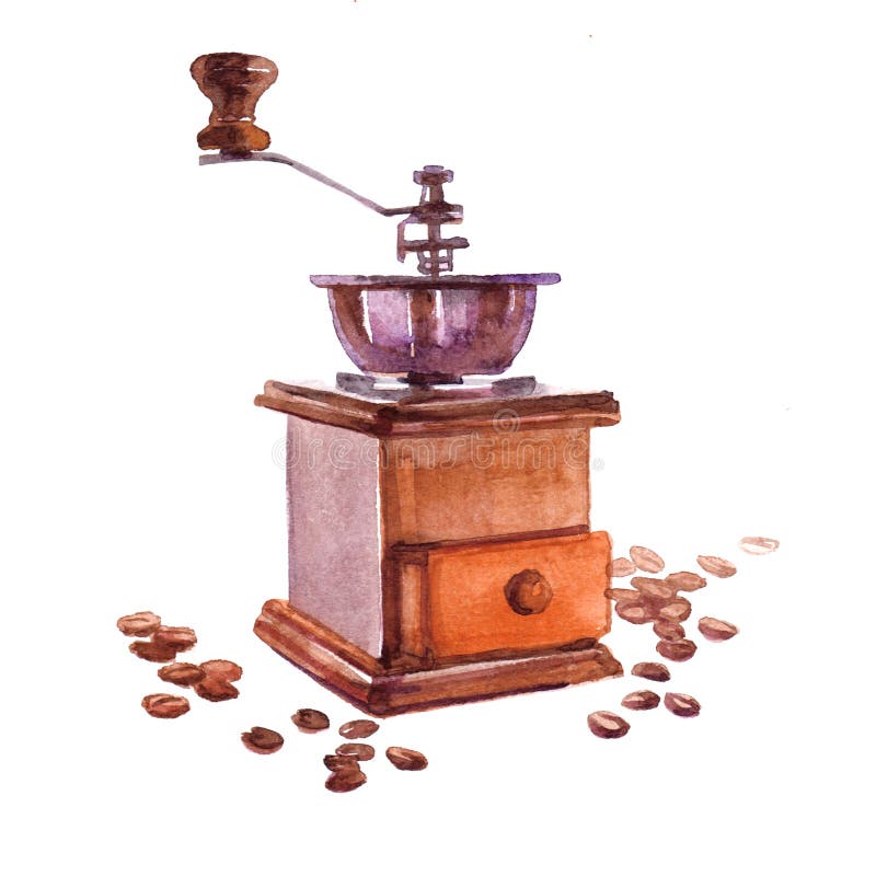 Watercolor coffee beans with coffee hand mill isolated