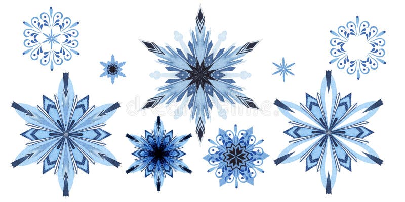 Watercolor collection of nine ornate beautiful snowflakes isolated on white background. Transparent ice patterns with stock images