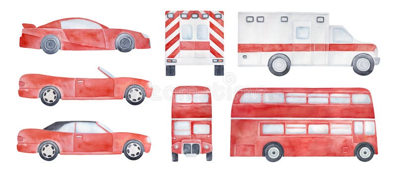 Watercolor collection of various City Cars: modern cabriolet without roof, sport race car, bright red double-decker bus, white ambulance vehicle. Hand painted water color graphic drawing for design.