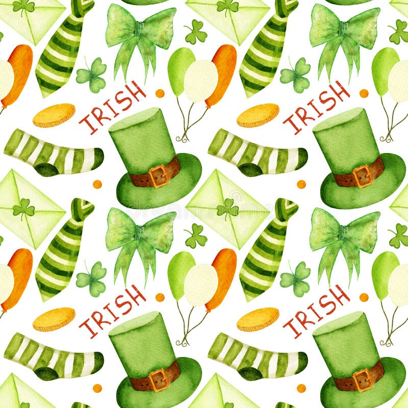 Watercolor, colorful, seamless pattern with various festive elements. Hat, envelope, bow, clover, air balloons, coins, simple text on white background. Pattern for St. Patrick's Day products. Seamless bow stock images, royalty-free photos and pictures