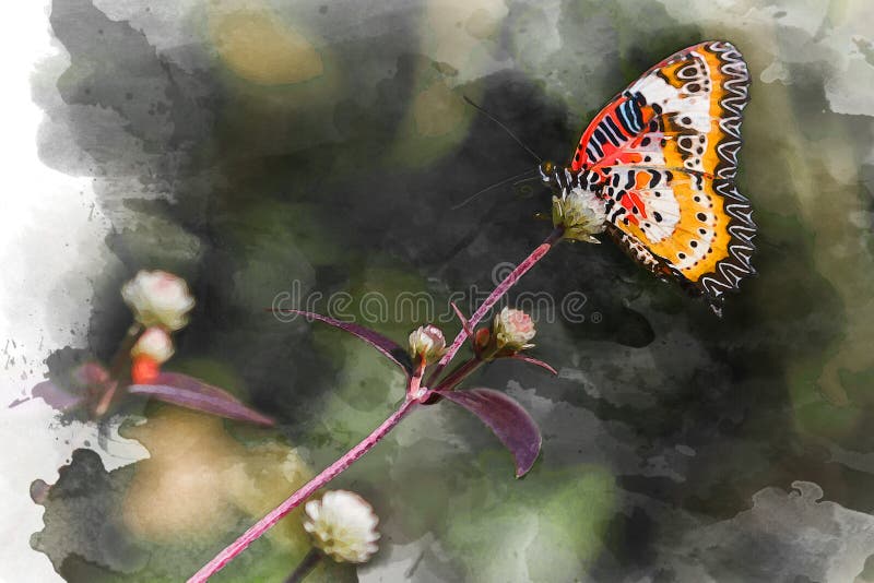 Watercolor of Common Tiger Butterfly on flowers at Kuang Si Falls Butterfly Park in Luang Prabang, Laos vector illustration