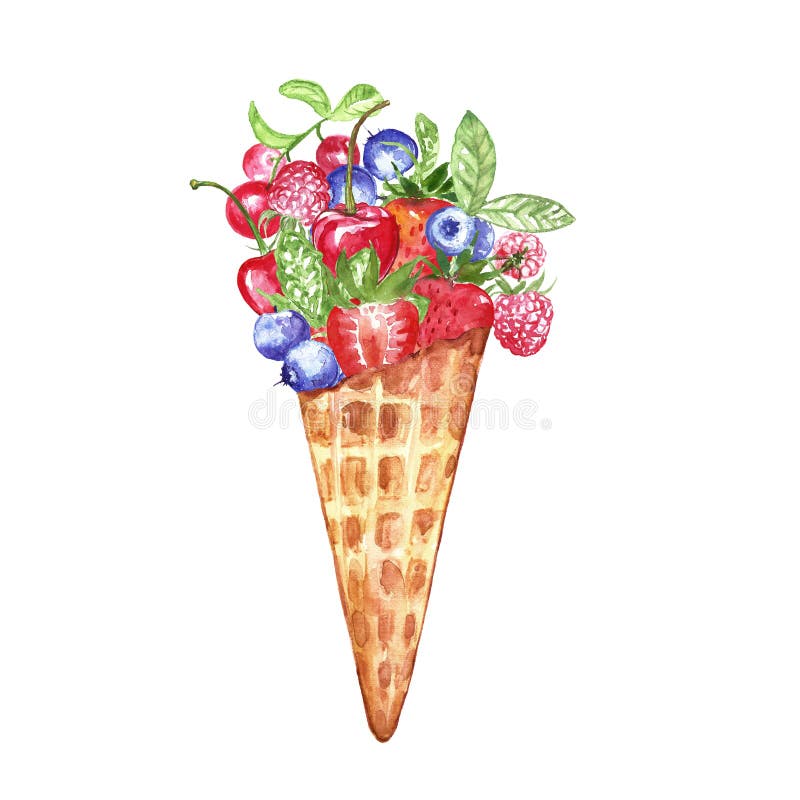 Watercolor composition with hand painted berries and ice cream in a waffle cone. Strawberry, blueberry, raspberries, cherry