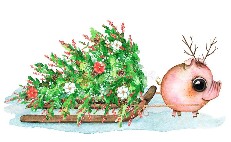 Watercolor composition with piglet, sleigh, snow and Christmas t royalty free illustration Watercolor composition with piglet, sleigh, snow and Christmas t royalty free illustration