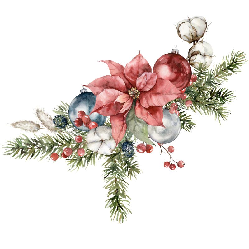 Watercolor composition of poinsettia, Christmas tree toys and spruce branches. Hand painted card of flower and holiday symbols isolated on white background. Illustration for design, print, background