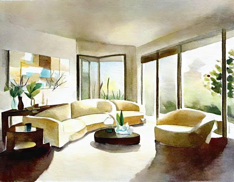 Watercolor of Contemporary Living Room Artwork with Ample Space and
