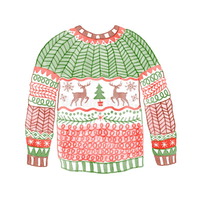 Watercolor Cozy Sweater with Christmas Deer. Hand Drawn Stock Vector ...