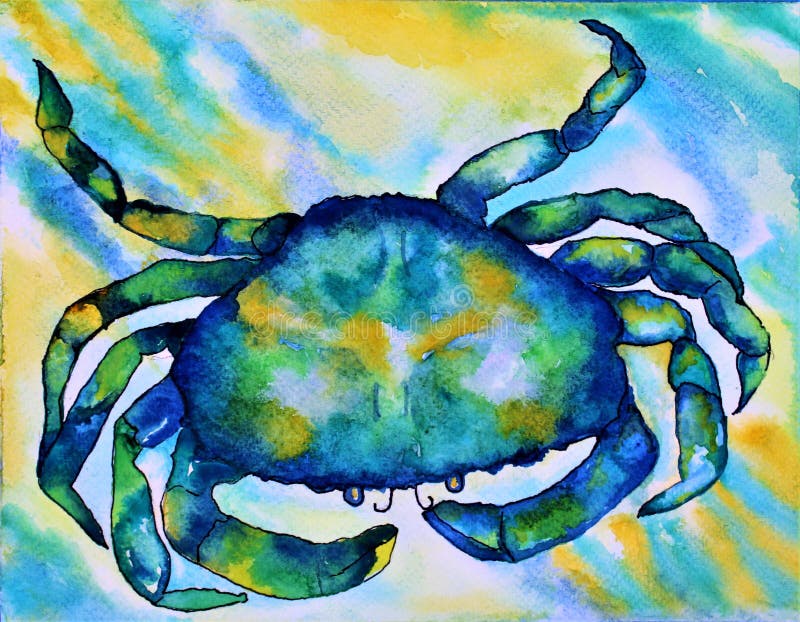 Colorful abstract blue, green and yellow watercolor crab painting