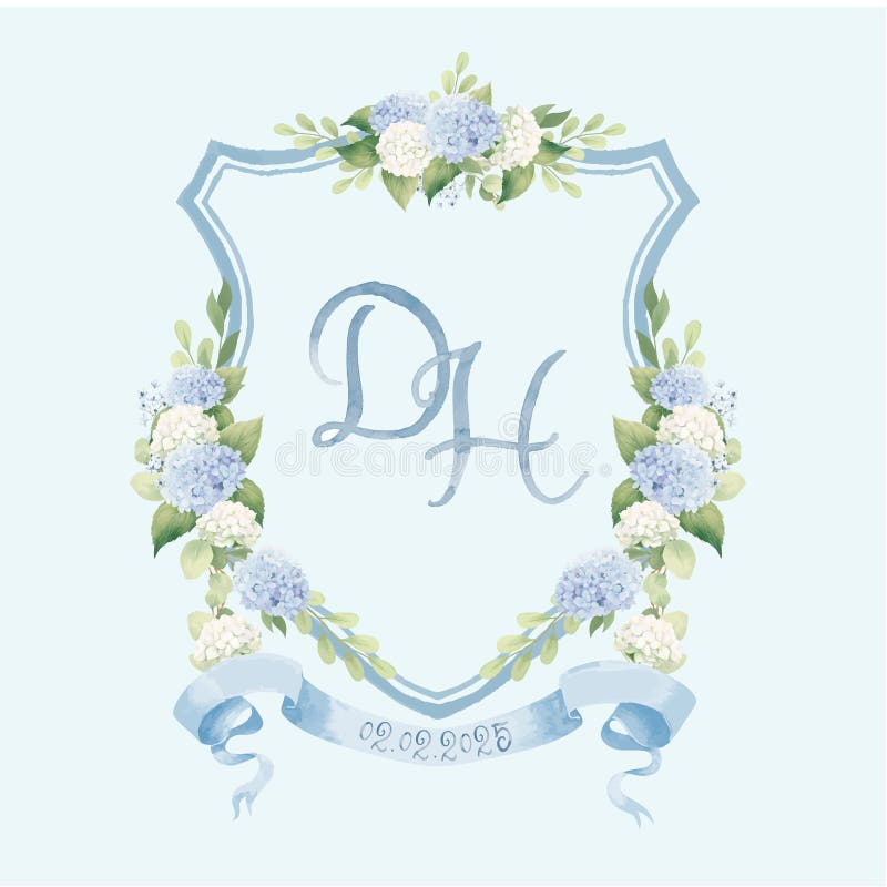 Watercolor DH initial wedding crest design vector illustration