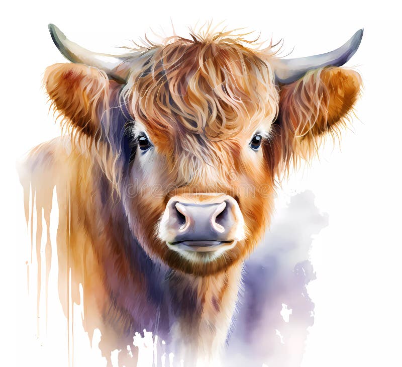 Watercolor cute baby highland cow painting. Realistic animal portrait illustration. Created with Generative AI technology