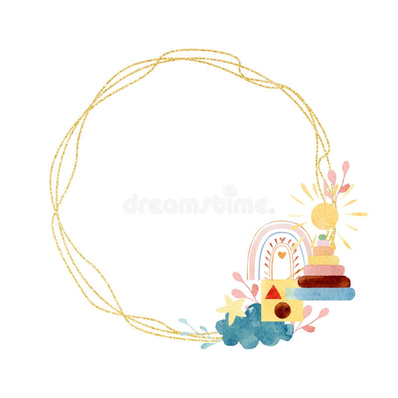 Watercolor cute boho rainbow and floral frame. Wreath Childish bohemian double golden glitter texture for baby shower stock illustration Watercolor cute boho rainbow and floral frame. Wreath Childish bohemian double golden glitter texture for baby shower stock illustration